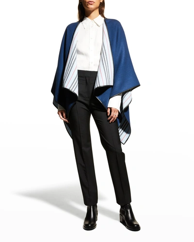 Shop Burberry Reversible Icon Stripe Wool Cape In Navy