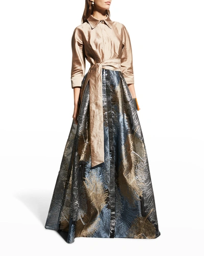 Shop Rickie Freeman For Teri Jon Taffeta Shirtdress W/ Feather Metallic Jacquard In Gold Multi