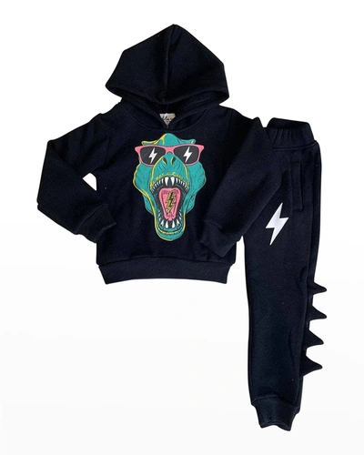 Shop Lola + The Boys Girl's Cool Dinosaur 2-piece Graphic Hoodie Set In Miscellaneous