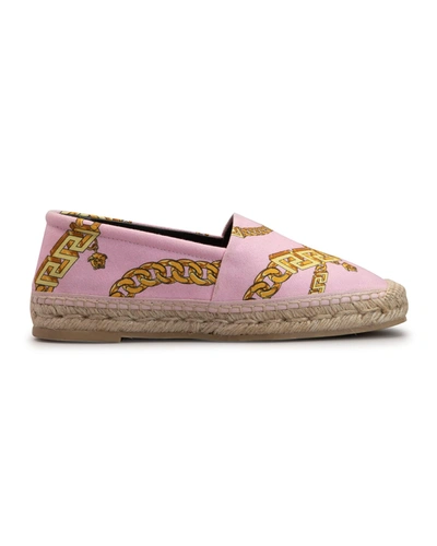 Shop Versace Chain-print Cotton Espadrille Loafers In Candy Gold