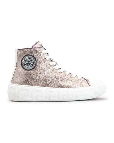 Shop Versace La Greca Glitter High-top Sneakers In Multicolor White