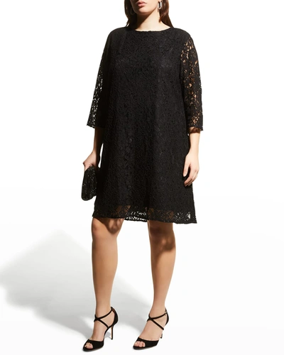 Shop Caroline Rose Plus Size 3/4-sleeve Lined Flora Lace Dress In Black