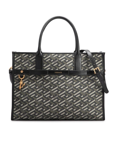 Shop Versace Greca Jacquard Top Handle Tote Bag In Black/kaki