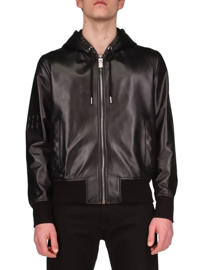 Shop Givenchy Men's Hooded Leather Bomber Jacket In Black
