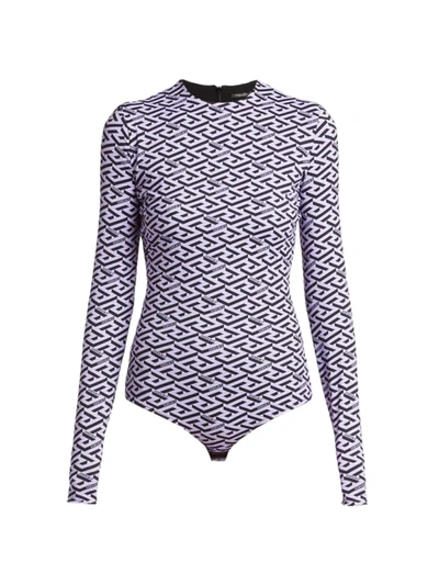 Shop Versace Grecco Long Sleeve Bodysuit In Orchid Black