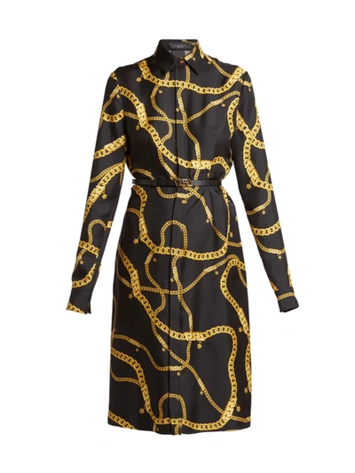 Shop Versace Women's Chain Print Belted Shirtdress In Black Gold