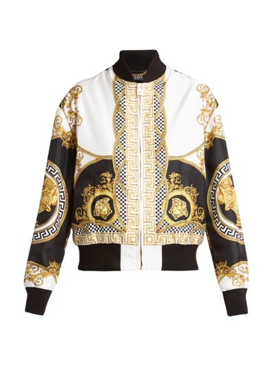 Shop Versace Silk Heritage Print Bomber Jacket In White Gold Black