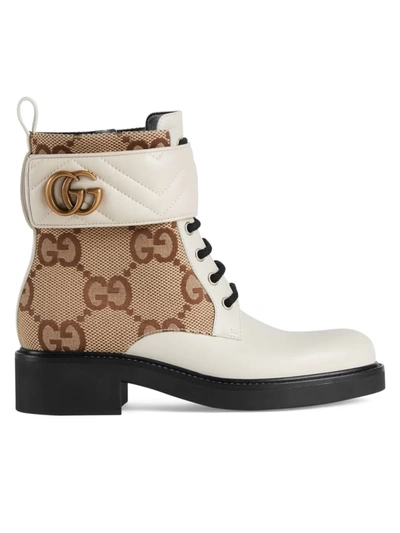Shop Gucci Women's Logo-print Canvas & Leather Combat Boots In White