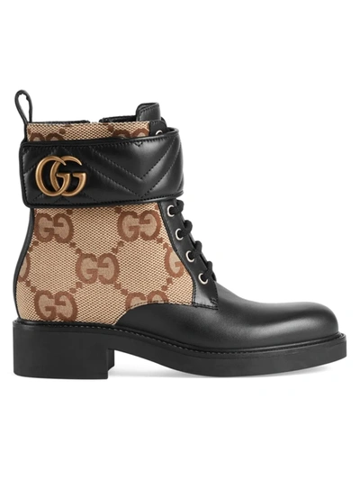 Shop Gucci Women's Logo-print Canvas & Leather Combat Boots In Black