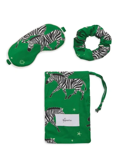 Shop Averie Sleep Women's Safari Starry Nights Taavi Zebra Starry Night Scrunchie And Mask Set In Kelly Green