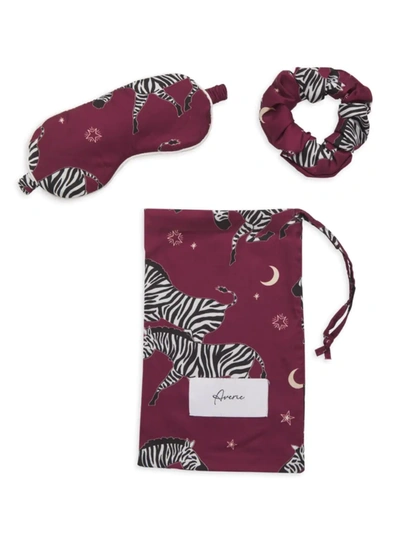 Shop Averie Sleep Women's Safari Starry Nights Isabis Zebra Print Scrunchie And Mask Set In Berry Red