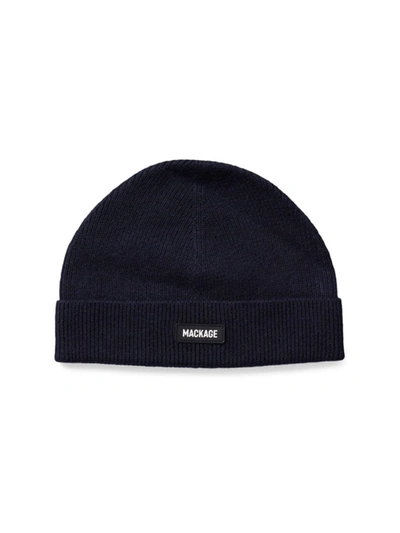 Shop Mackage Men's Wool-blend Logo-patch Beanie Hat In Navy