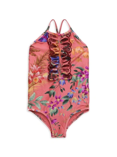 Shop Zimmermann Little Girl's & Girl's Tropicana Embroidered One-piece Swimsuit In Coral Floral