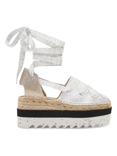 Shop Stella Mccartney Women's Gaia Logo Ankle-strap Platform Espadrille Sandals In Silver