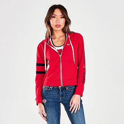 Shop Tommy Hilfiger Tommy Jeans Women's Linear Logo Full-zip Hoodie In Scarlet