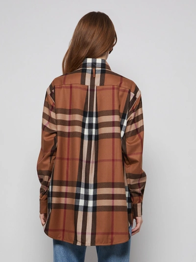 Shop Burberry Wool Check Print Oversized Shirt Birch Brown