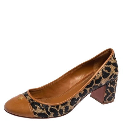 Pre-owned Tory Burch Brown/beige Leopard Print Woven And Leather Raffia Ethel Block Heel Pumps Size 39