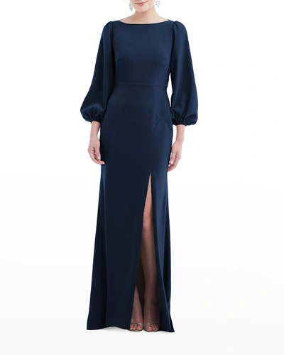 Shop Dessy Collection Blouson-sleeve Open Tie-back Crepe Gown In Midnight