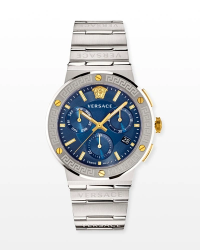 Shop Versace Men's 43mm Greca Logo Chrono Watch In Silver/blue