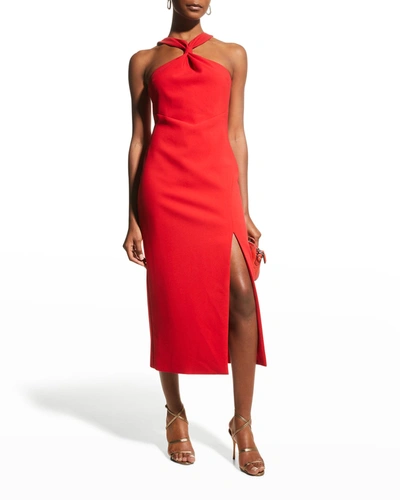 Shop Likely Avie Midi Halter Slit Dress In Scarlet