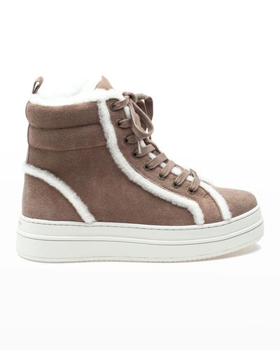 Shop Jslides Nadal Suede Faux Fur High-top Sneakers In Taupe Suede