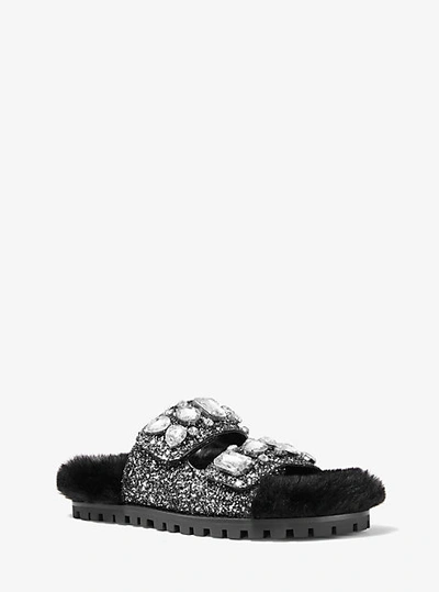 Shop Michael Kors Stark Embellished Glitter And Faux Fur Slide Sandal In Silver