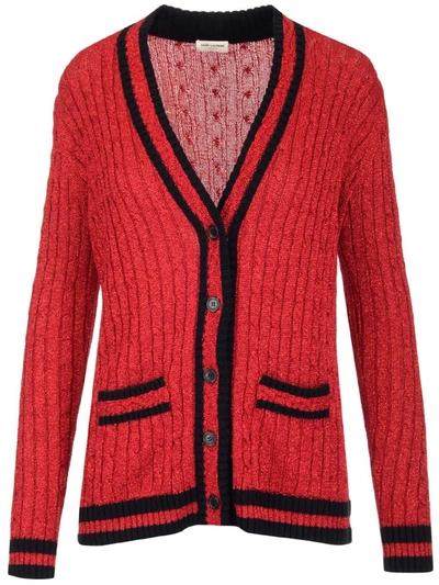 Shop Saint Laurent Braided Lurex College Cardigan In Red