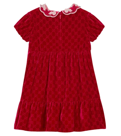 Shop Gucci Baby Gg Jacquard Velvet Dress In Red