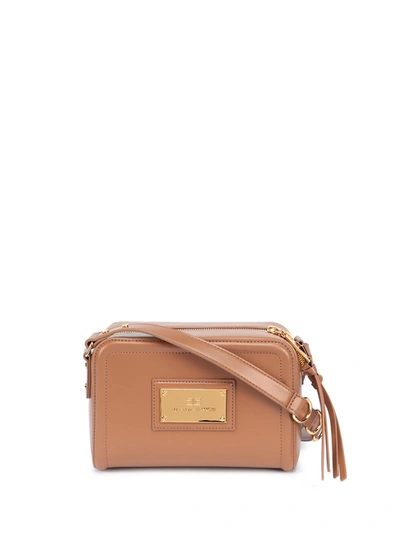 Shop Elisabetta Franchi Logo Plaque Foldover Shoulder Bag In Brown