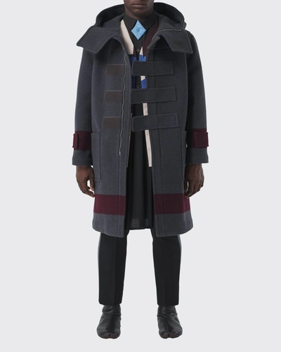 Shop Burberry Men's Block-stripe Wool Duffel Coat In Dark Charcoal Bro