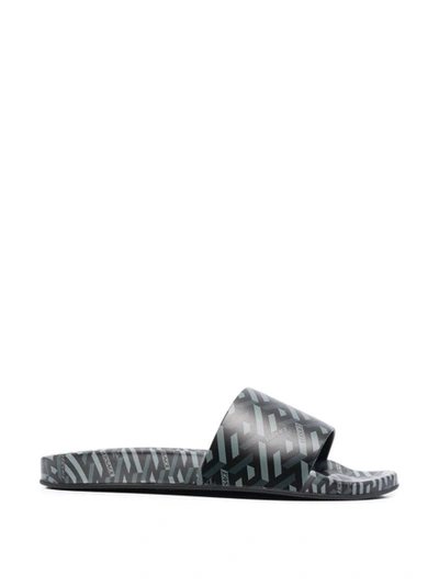 Shop Versace The Greca Flap Sandal Black And Grey