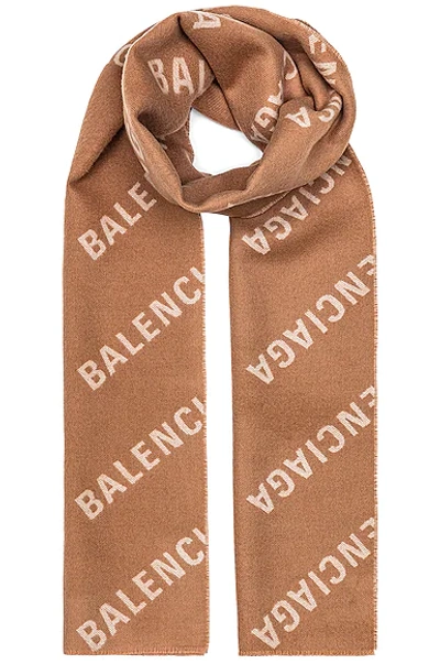 Shop Balenciaga All Over Logo Scarf In Camel & White