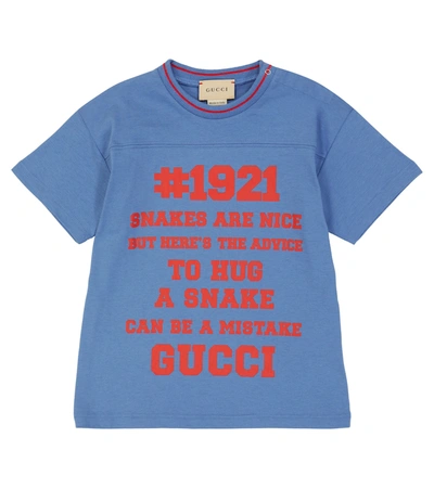 Shop Gucci Baby Logo Print Cotton T-shirt In Avio/red/mc