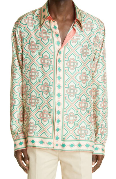 Shop Casablanca Print Long Sleeve Silk Twill Shirt In Diamond Monogram - Pastel