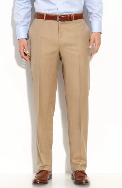 Shop Canali Flat Front Wool Trousers In Taupe