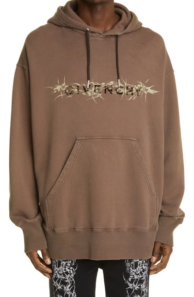 Shop Givenchy Raised Logo Barbed Wire Graphic Hoodie In Chocolate