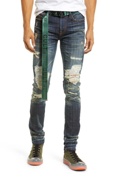 Cult Of Individuality Punk Destruction Super Skinny Jeans With Logo Belt In  Forest | ModeSens