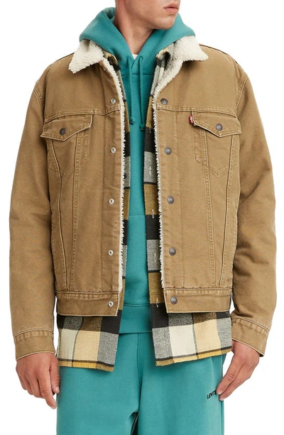 Levi's High Pile Fleece Trim Trucker Jacket In Washed Cougar Canvas |  ModeSens