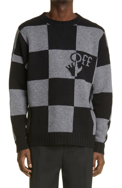 Shop Off-white Logo Check Crewneck Wool Sweater In Black Black