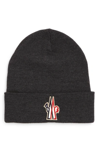 Shop Moncler Embroidered Logo Rib Wool Beanie In Grey