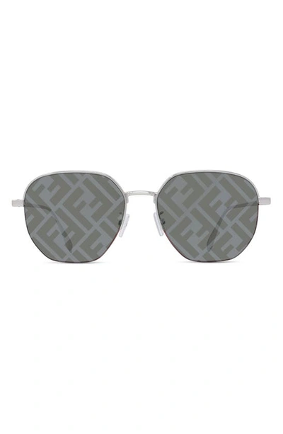 Shop Fendi Print Lens 55mm Round Sunglasses In Shiny Palladium / Smoke Mirror