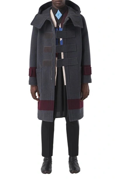 Shop Burberry Stripe Hooded Virgin Wool Coat In Dark Charcoal Brown