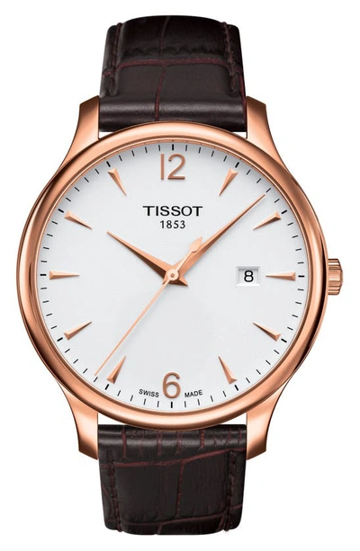 Shop Tissot Tradition Leather Strap Watch, 42mm In Brown/ Rose Gold
