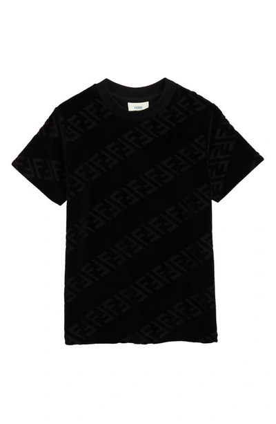 Shop Fendi Kids' Flocked Ff Logo Cotton Graphic Tee In F0gme Black
