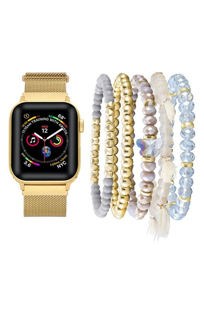 Shop The Posh Tech Beaded Bracelet & Mesh Apple Watch® Se & Series 7/6/5/4/3/2/1 Watchband Set In Gold8/ 40mm