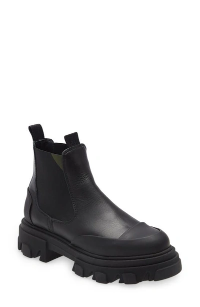 Shop Ganni Calf Leather Low Chelsea Boot In Black
