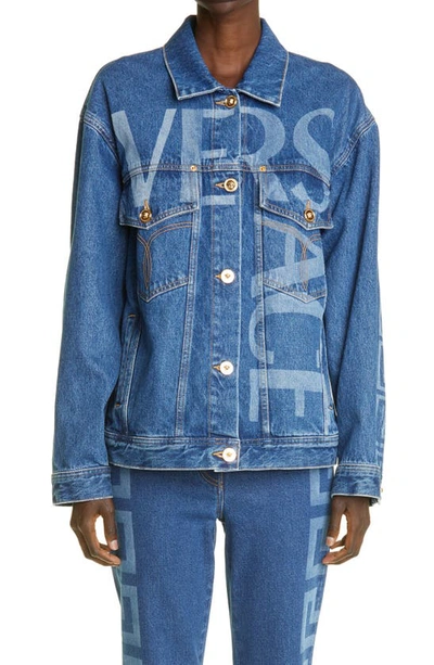 Shop Versace Logo Denim Jacket In Dark Blue