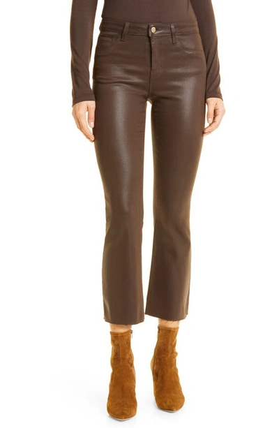 Shop L Agence Kendra Coated High Waist Crop Flare Jeans In Espresso Coated