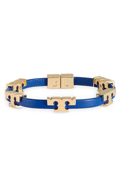 Shop Tory Burch Serif-t Croc-embossed Leather Single Wrap Bracelet In Tory Gold/ Nautical Blue