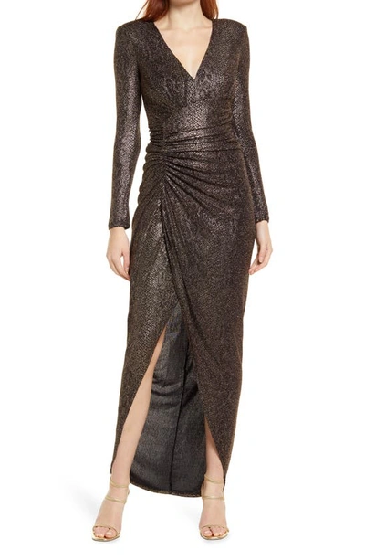 Shop Vince Camuto Metallic Snake Print Long Sleeve V-neck Gown In Gold